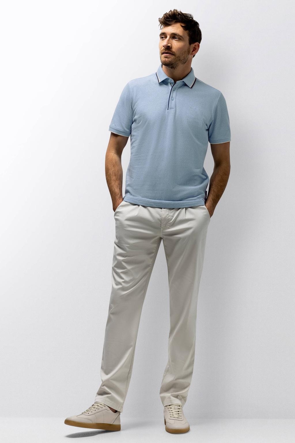 Lichtblauw en light blue heren State of Art regular polo van linnen met effen, korte mouwen, knoopsluiting en pique