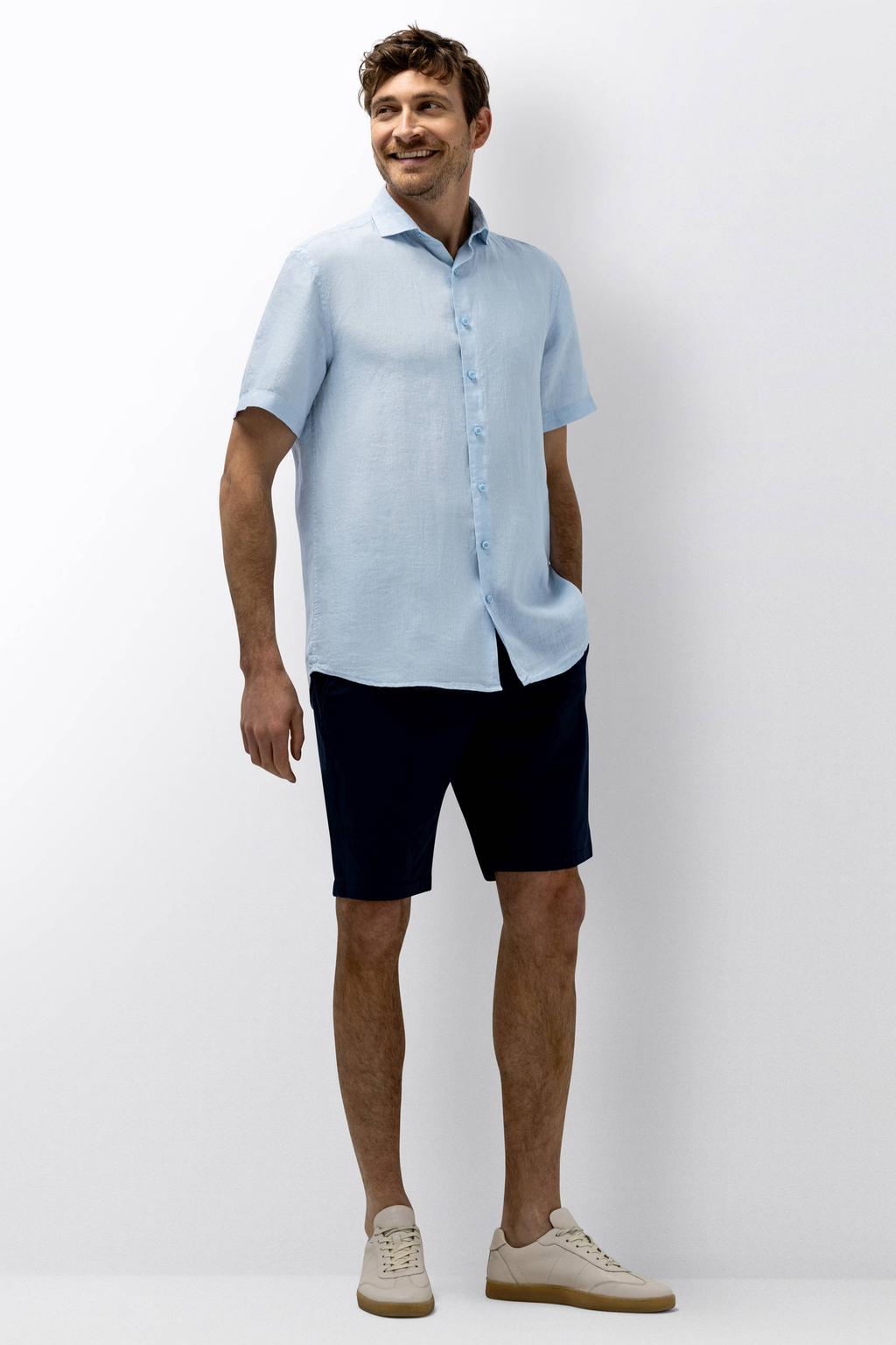 Lichtblauwe heren State of Art regular casual overhemd van linnen met effen, korte mouwen, klassieke kraag en knoopsluiting