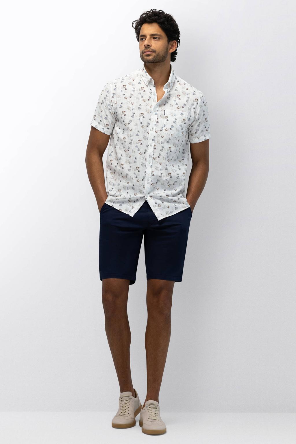 Wit en light blue heren State of Art regular casual overhemd van katoen met korte mouwen, button down sluiting en knoopsluiting