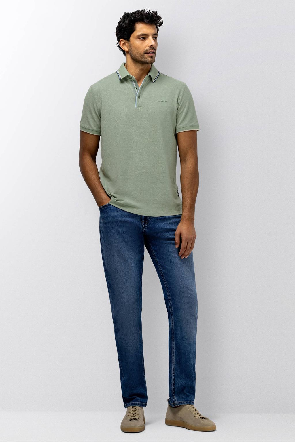 Groene heren State of Art regular polo van linnen met effen, korte mouwen, knoopsluiting en pique