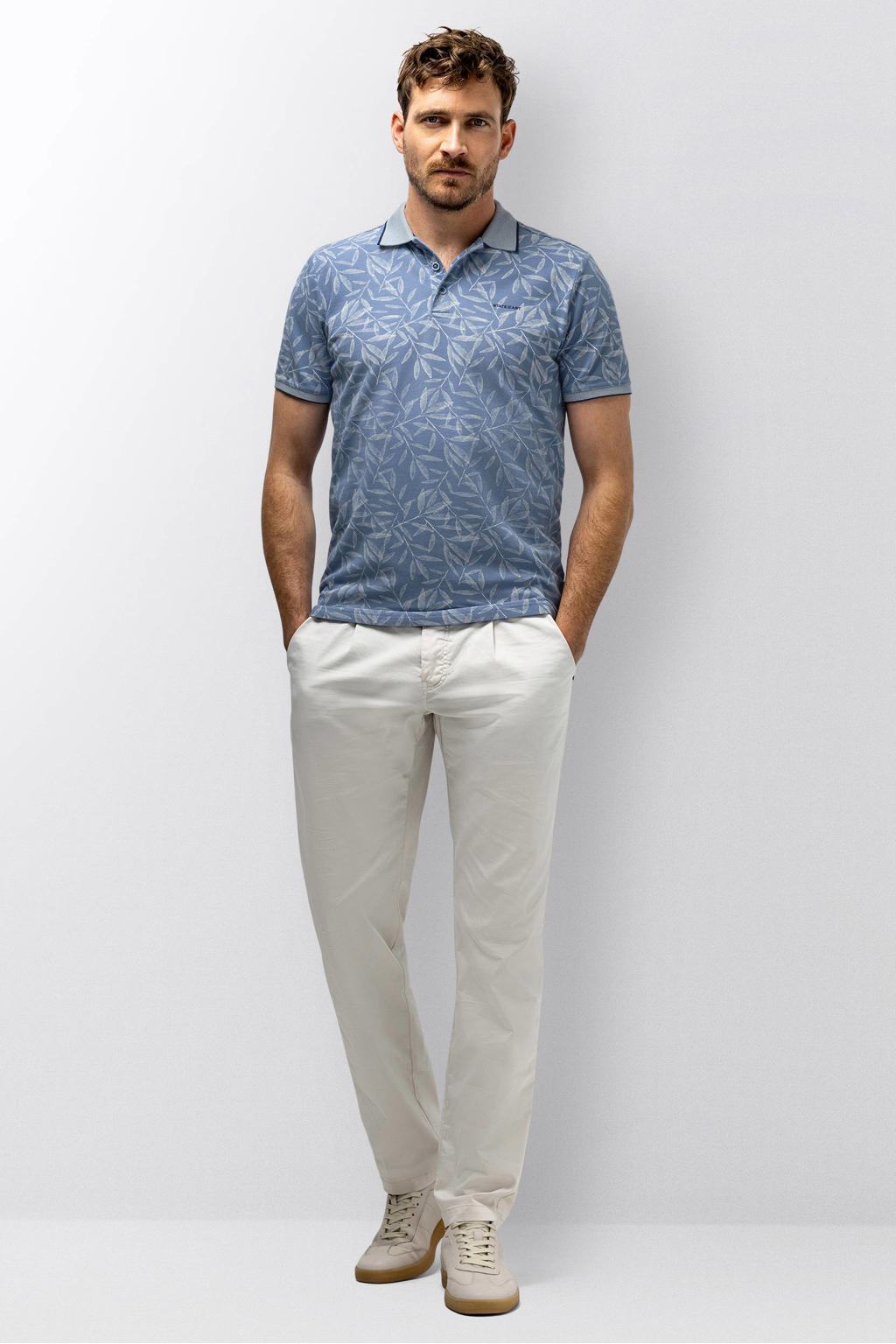 Blauwe heren State of Art regular polo van katoen met bladprint, korte mouwen, knoopsluiting en pique