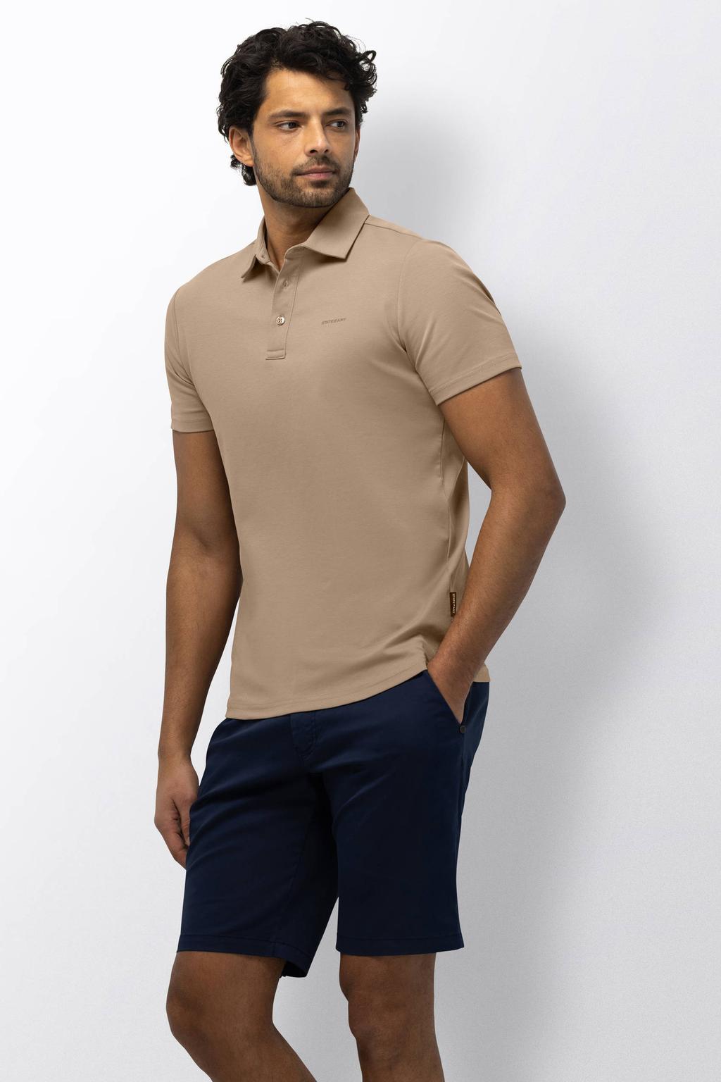 Beige heren State of Art regular polo van katoen met effen, korte mouwen, knoopsluiting en pique