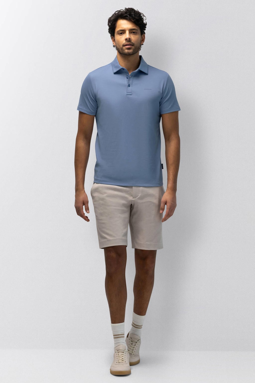 Blauwe heren State of Art regular polo van katoen met effen, korte mouwen, knoopsluiting en pique