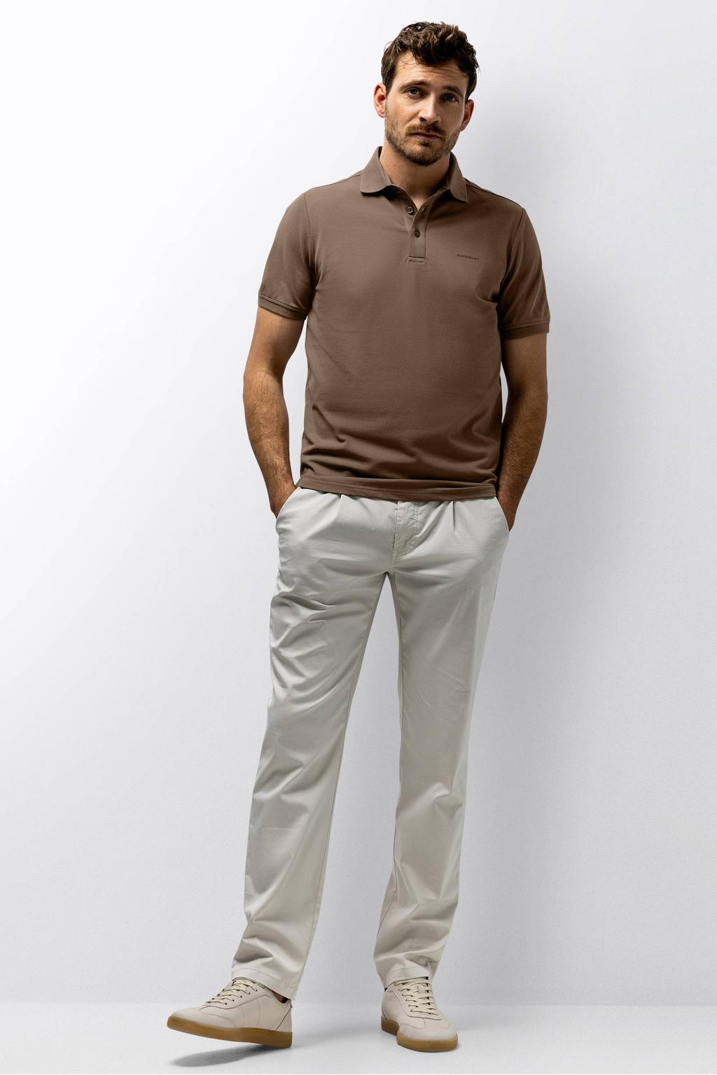 Bruine heren State of Art regular polo van katoen met effen, korte mouwen, knoopsluiting en pique