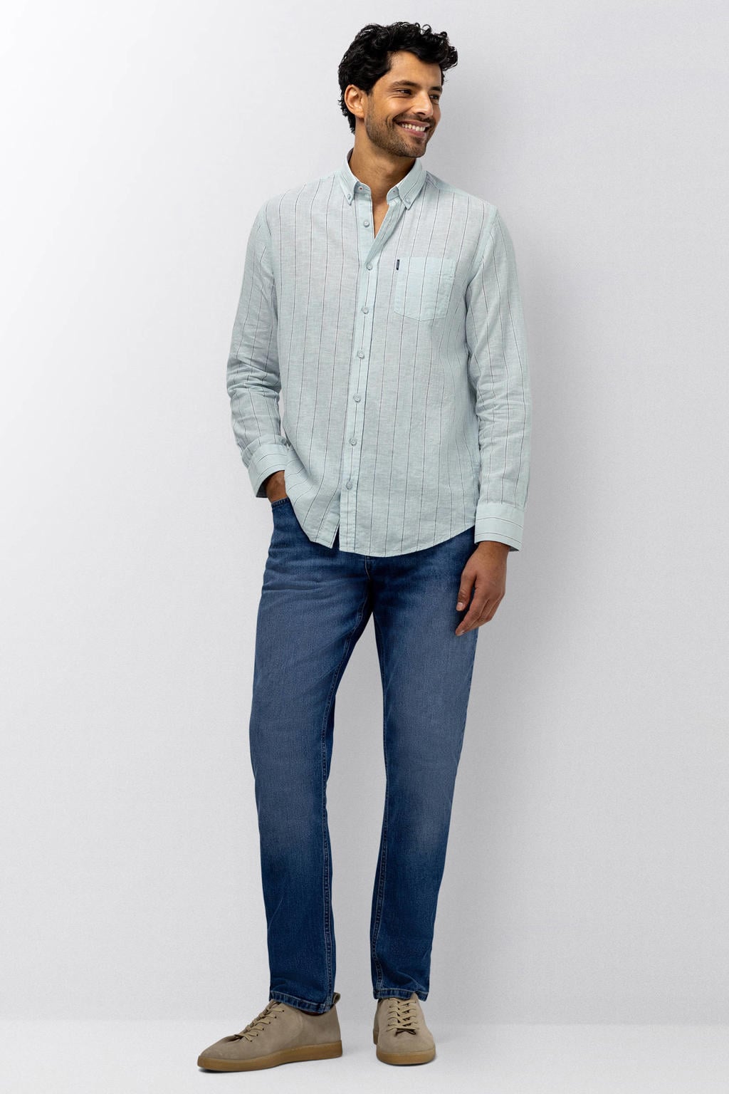 Lichtblauw en light blue heren State of Art regular gestreepte casual overhemd van linnen met lange mouwen, button down sluiting en knoopsluiting