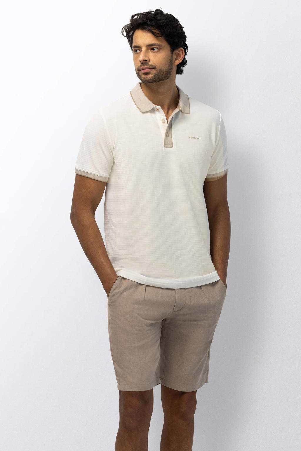 Beige heren State of Art regular polo van katoen met effen, korte mouwen, knoopsluiting en pique