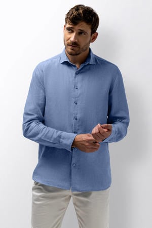 regular casual overhemd met linnen blauw