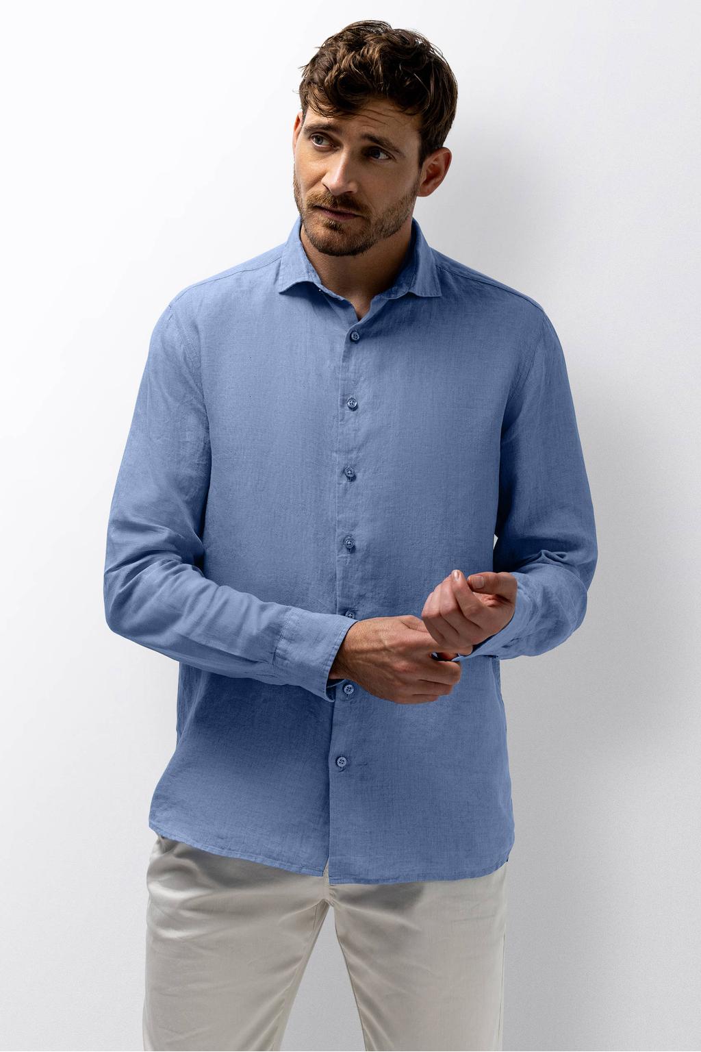 Blauwe heren State of Art regular casual overhemd van linnen met effen, lange mouwen, klassieke kraag en knoopsluiting