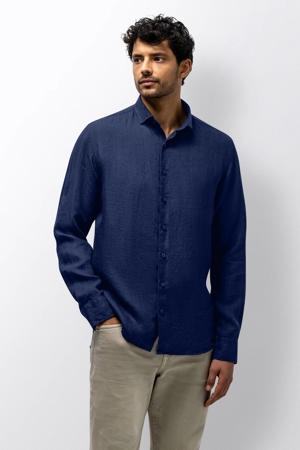 regular casual overhemd met linnen donkerblauw