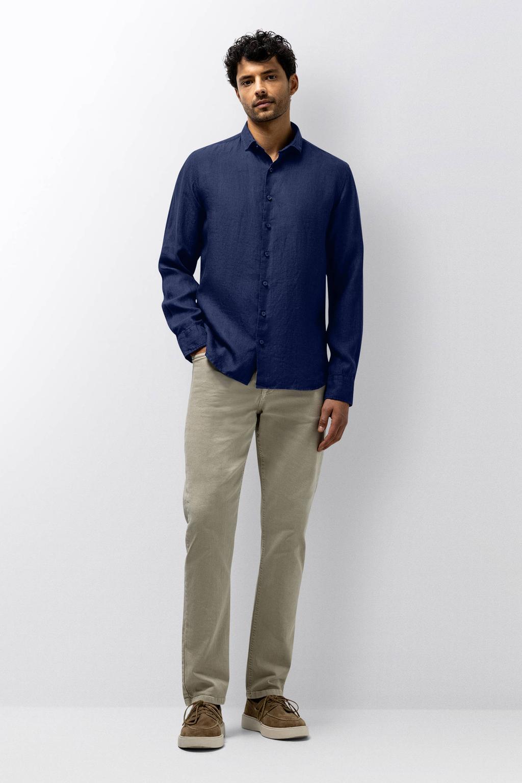 Donkerblauwe heren State of Art regular casual overhemd van linnen met effen, lange mouwen, klassieke kraag en knoopsluiting