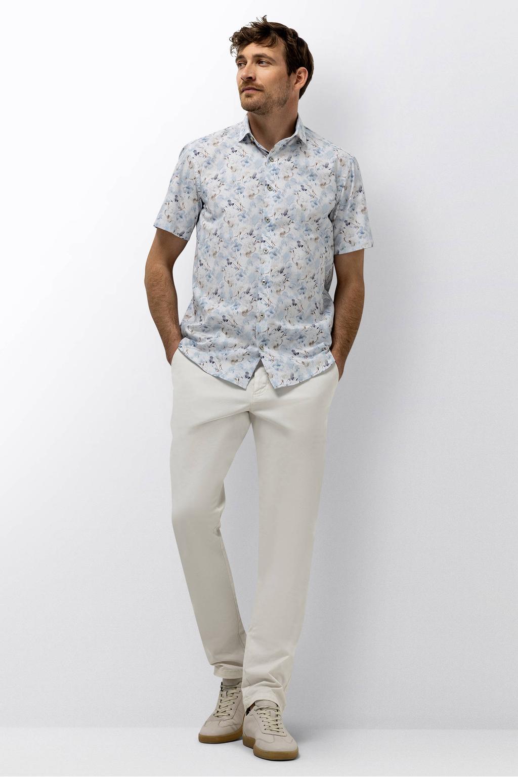 Lichtblauw en cognackleurige heren State of Art regular casual overhemd van katoen met korte mouwen, klassieke kraag en knoopsluiting