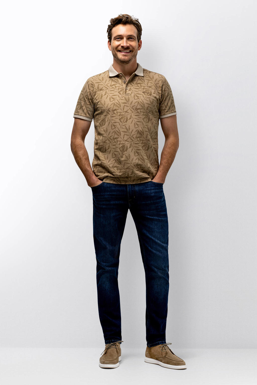 Beige heren State of Art regular polo van katoen met bladprint, korte mouwen, knoopsluiting en pique