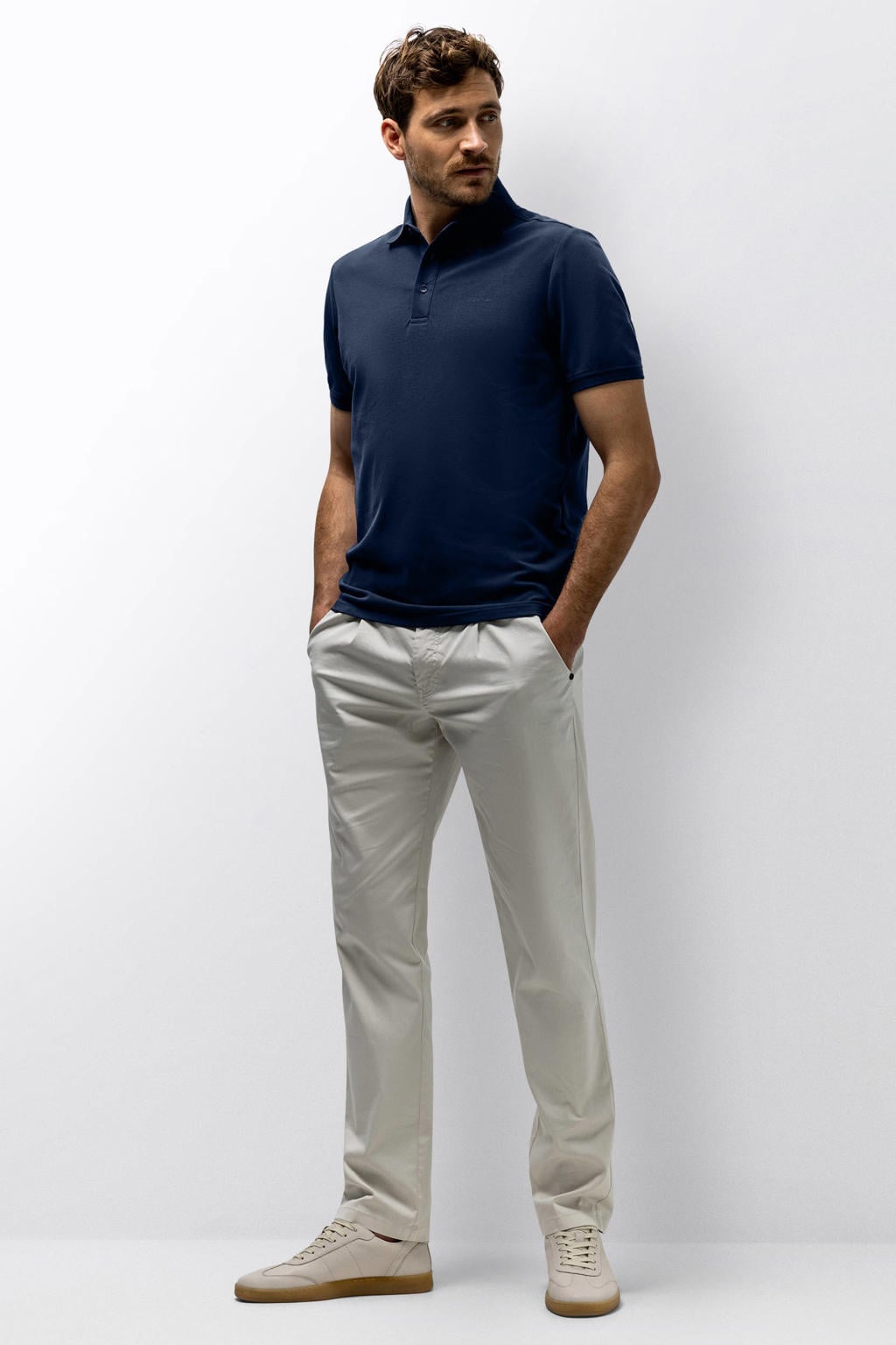 Donkerblauwe heren State of Art regular polo van katoen met effen, korte mouwen, knoopsluiting en pique
