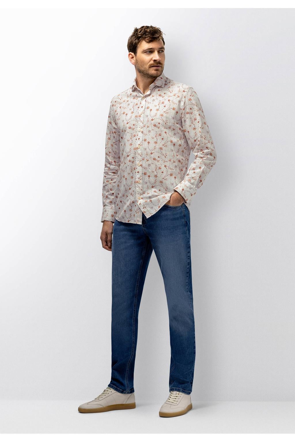 Beige heren State of Art regular casual overhemd van katoen met lange mouwen, klassieke kraag en knoopsluiting