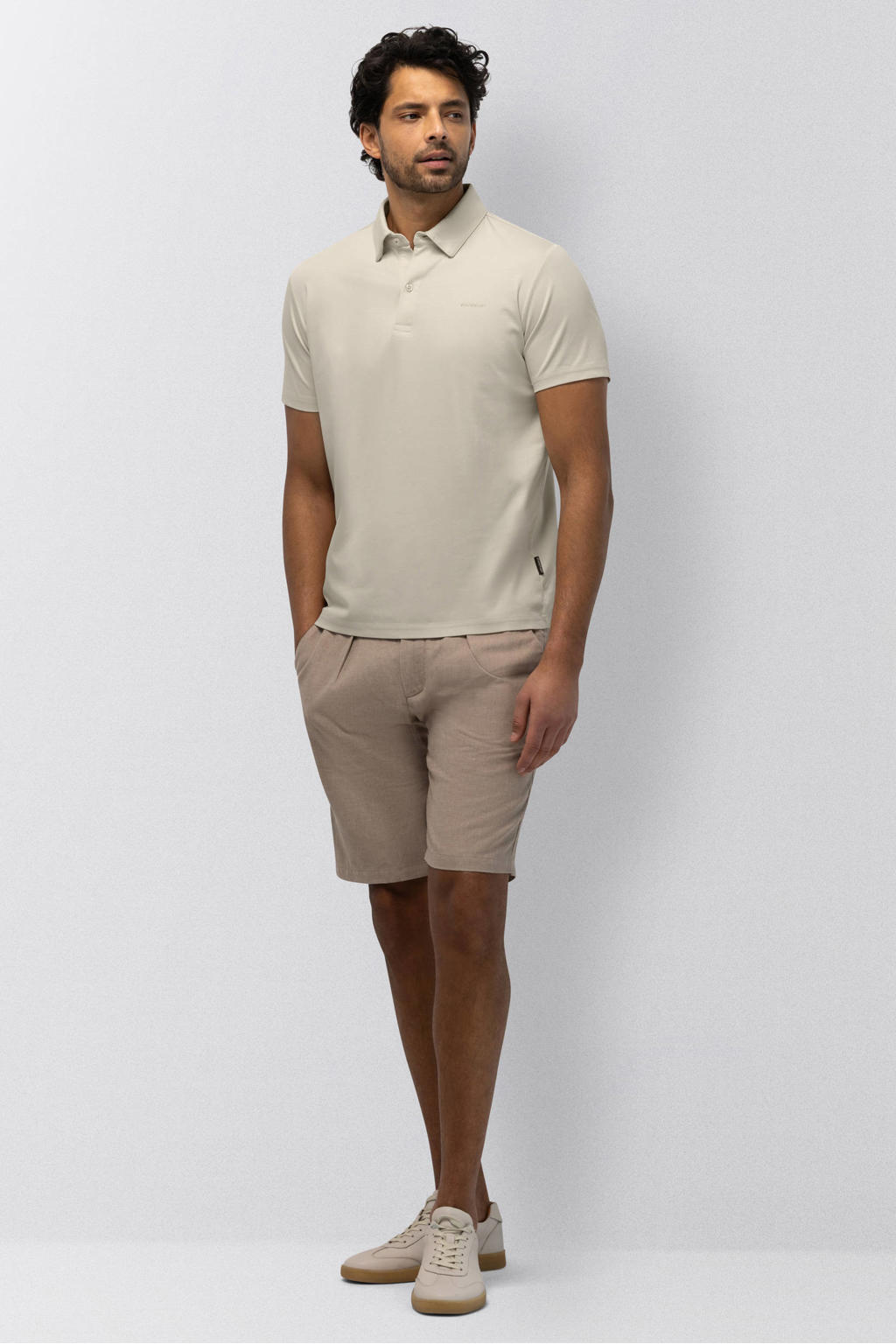 Beige heren State of Art regular polo van katoen met effen, korte mouwen, knoopsluiting en pique