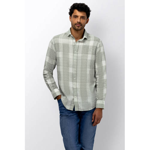 State of Art regular geruit casual overhemd met linnen lichtgroen afbeelding