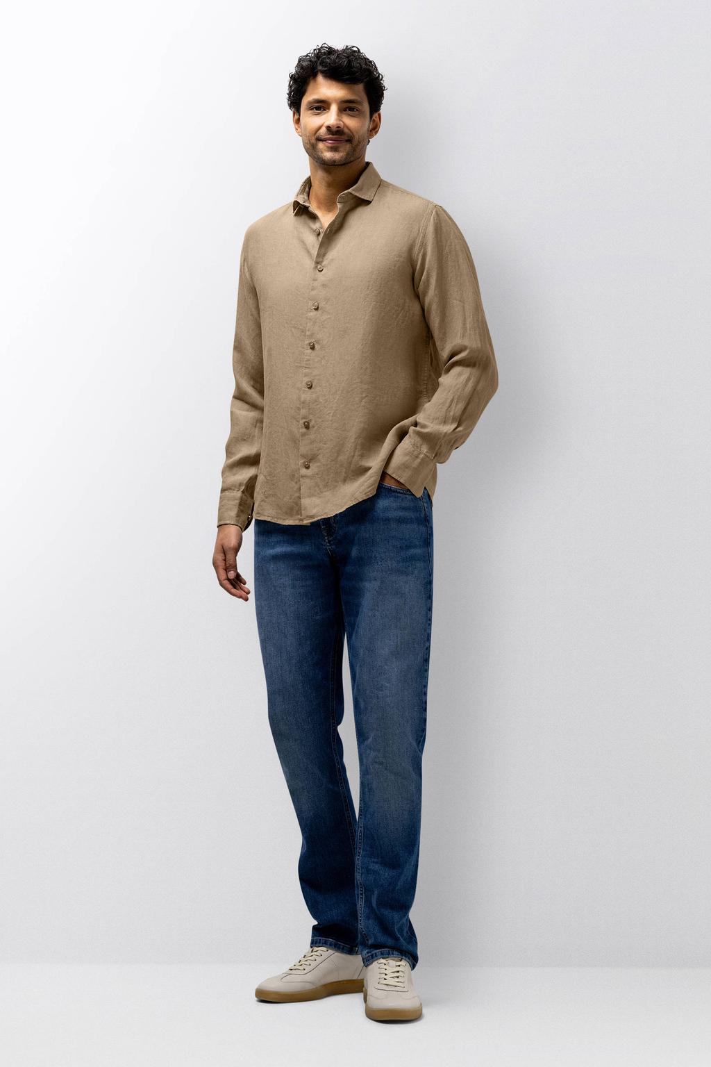 Beige heren State of Art regular casual overhemd van linnen met effen, lange mouwen, klassieke kraag en knoopsluiting