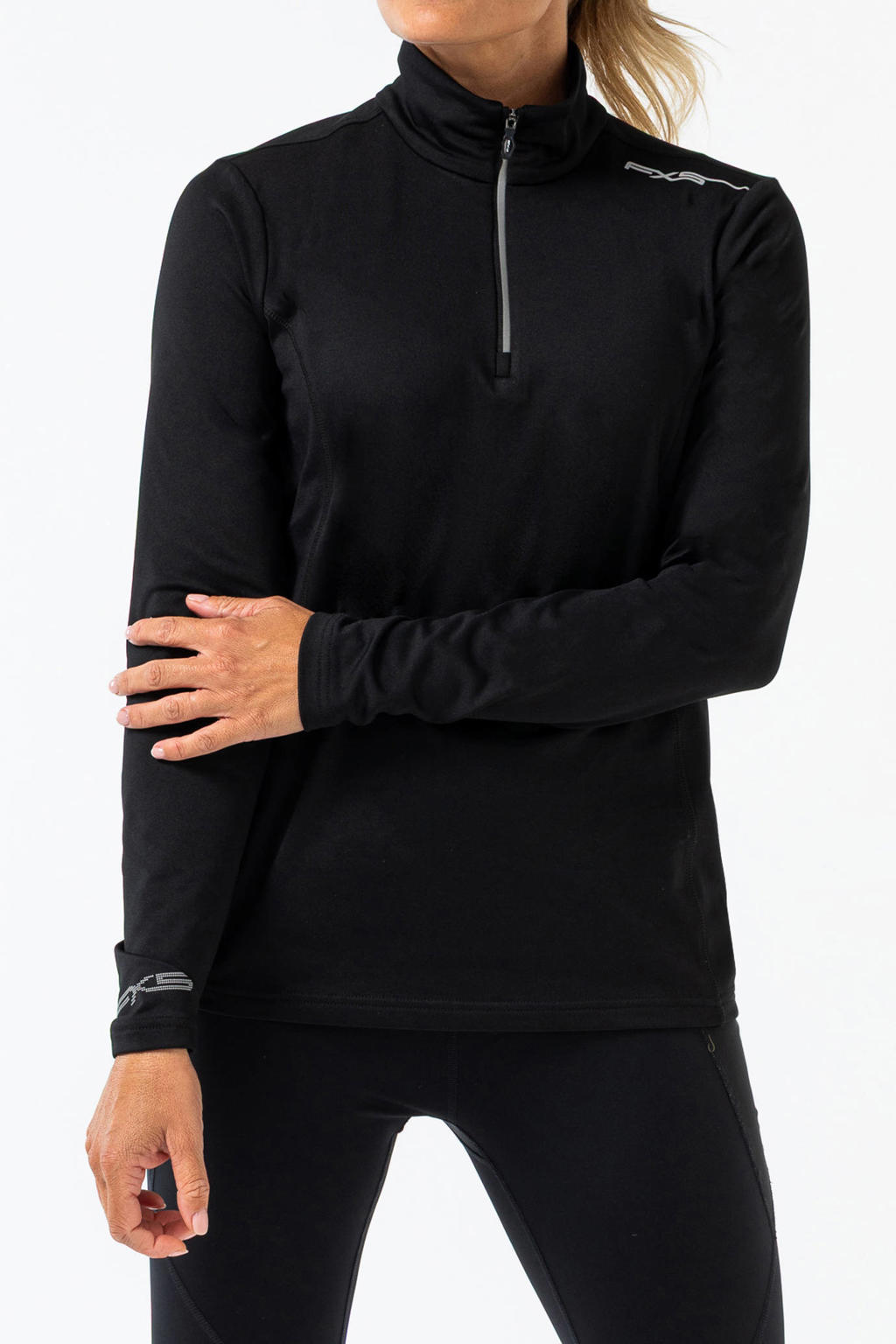 Zwarte dames Falcon hardloopshirt Cheetah van polyester met effen, lange mouwen en opstaande kraag