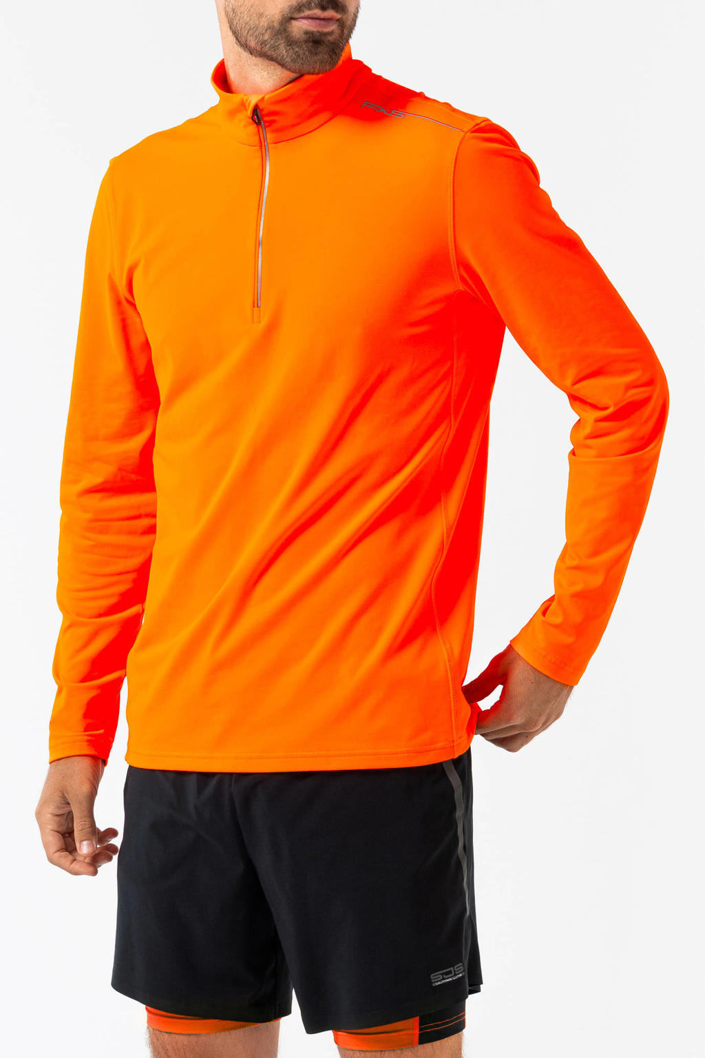 Oranje heren Falcon hardloopshirt Greyhound van polyester met lange mouwen, opstaande kraag en halve rits