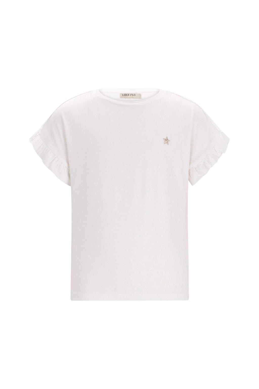 Witte meisjes Like Flo T-shirt van viscose met effen, korte mouwen, ronde hals en volant