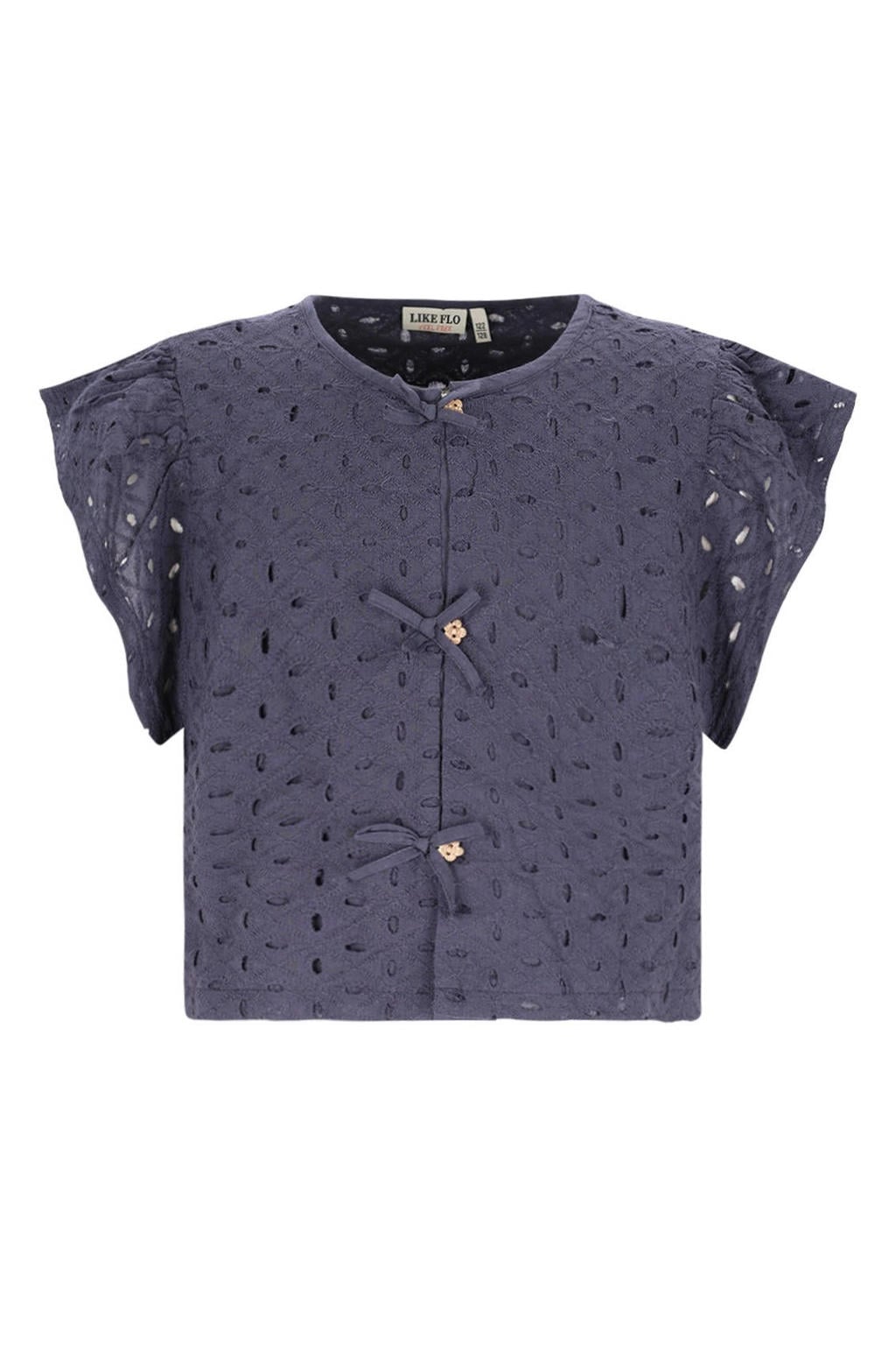 Donkerblauwe meisjes Like Flo blouse broderie van katoen met effen, korte mouwen, ronde hals en knoopsluiting