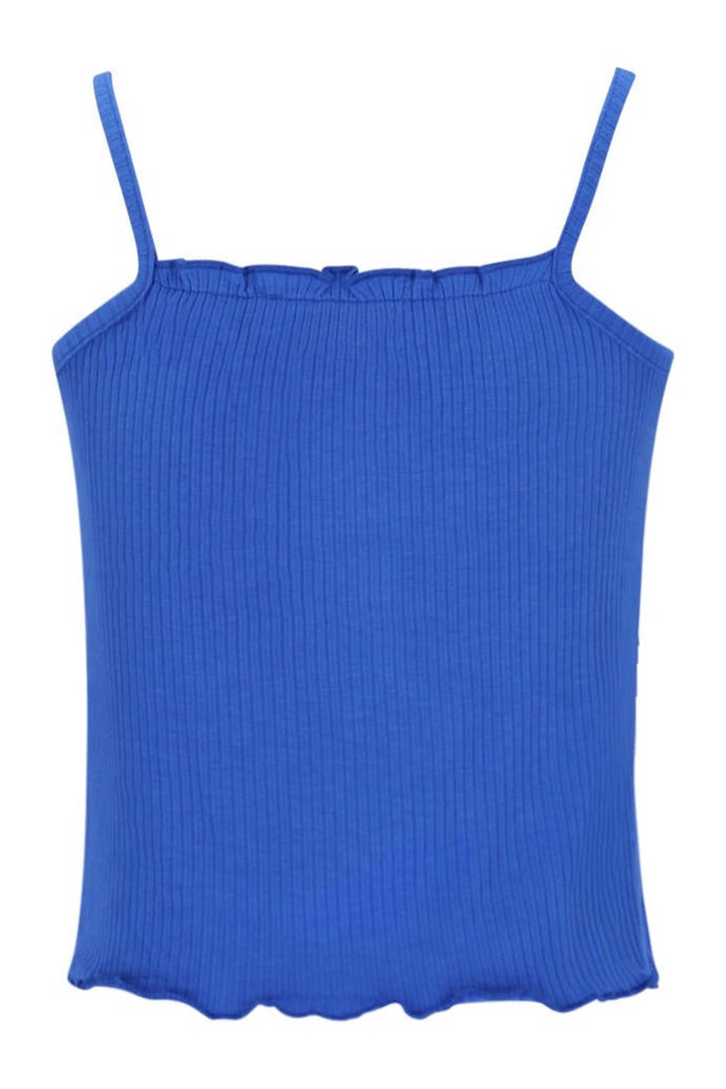Blauwe meisjes Like Flo spaghettitop van viscose met effen, spaghettibandjes, vierkante hals en ruches