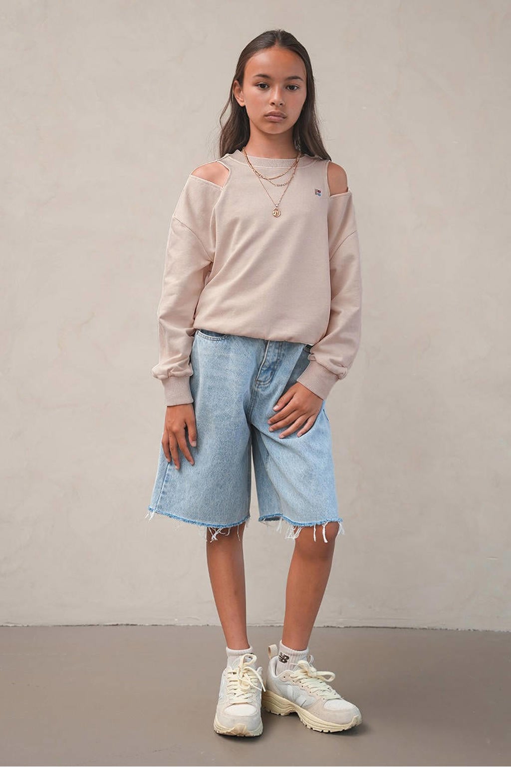 Beige meisjes Like Flo Young sweater van stretchkatoen met effen, lange mouwen, ronde hals en geribde boorden