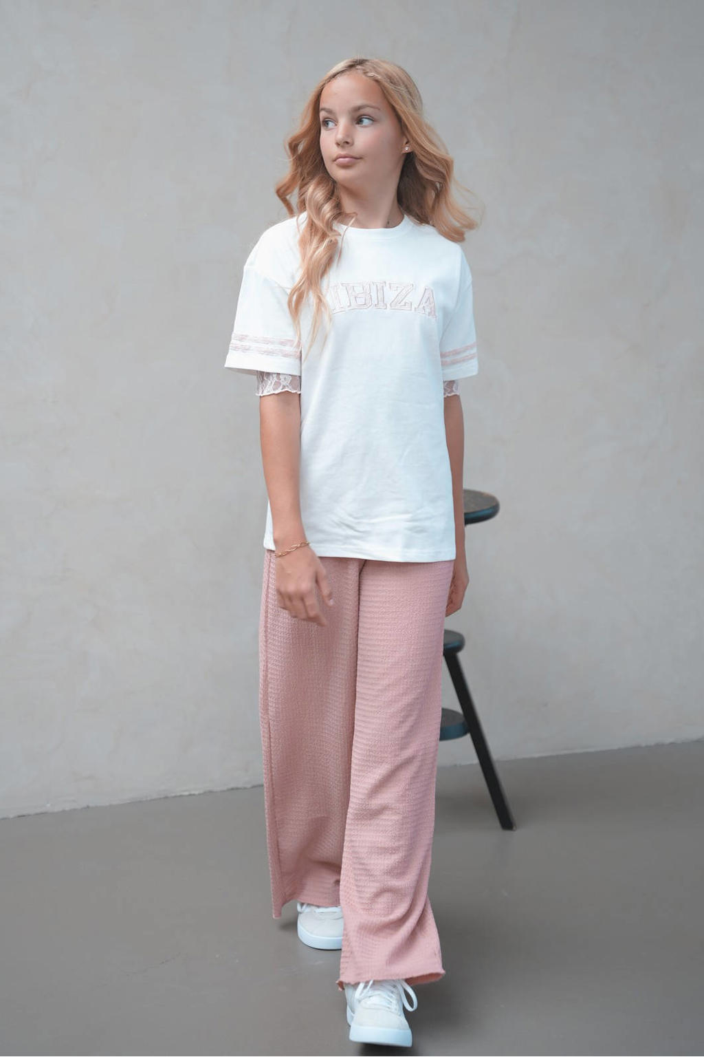 Witte meisjes Like Flo Young T-shirt van katoen met tekst print, korte mouwen en ronde hals