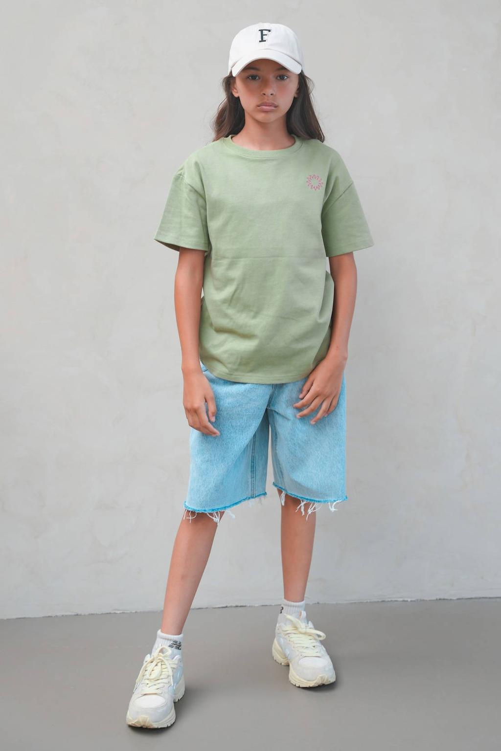 Light blue denim meisjes Like Flo Young relaxed regular waist short van stretchdenim met rits- en knoopsluiting en effen