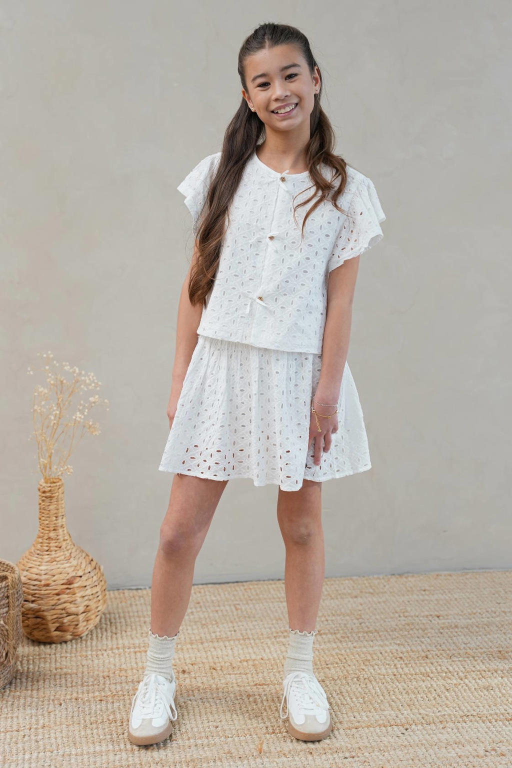 Witte meisjes Like Flo blousetop broderie van katoen met effen, korte mouwen, button down sluiting en knoopsluiting