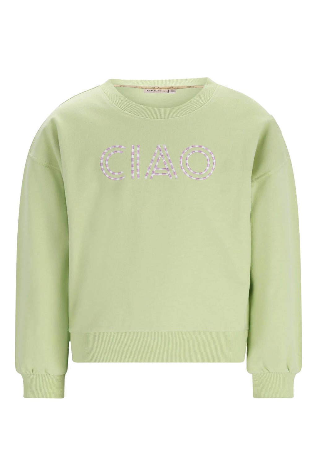 Lichtgroene meisjes Like Flo sweater met tekst print, lange mouwen, ronde hals en geribde boorden