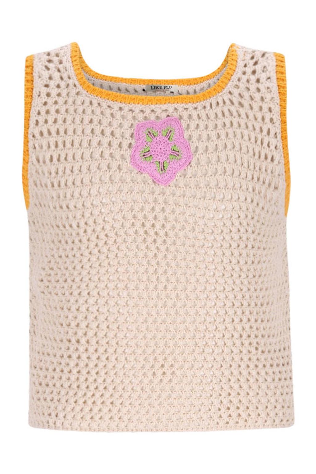 Ecru en gele meisjes Like Flo top crochet met effen, vierkante hals en borduursels