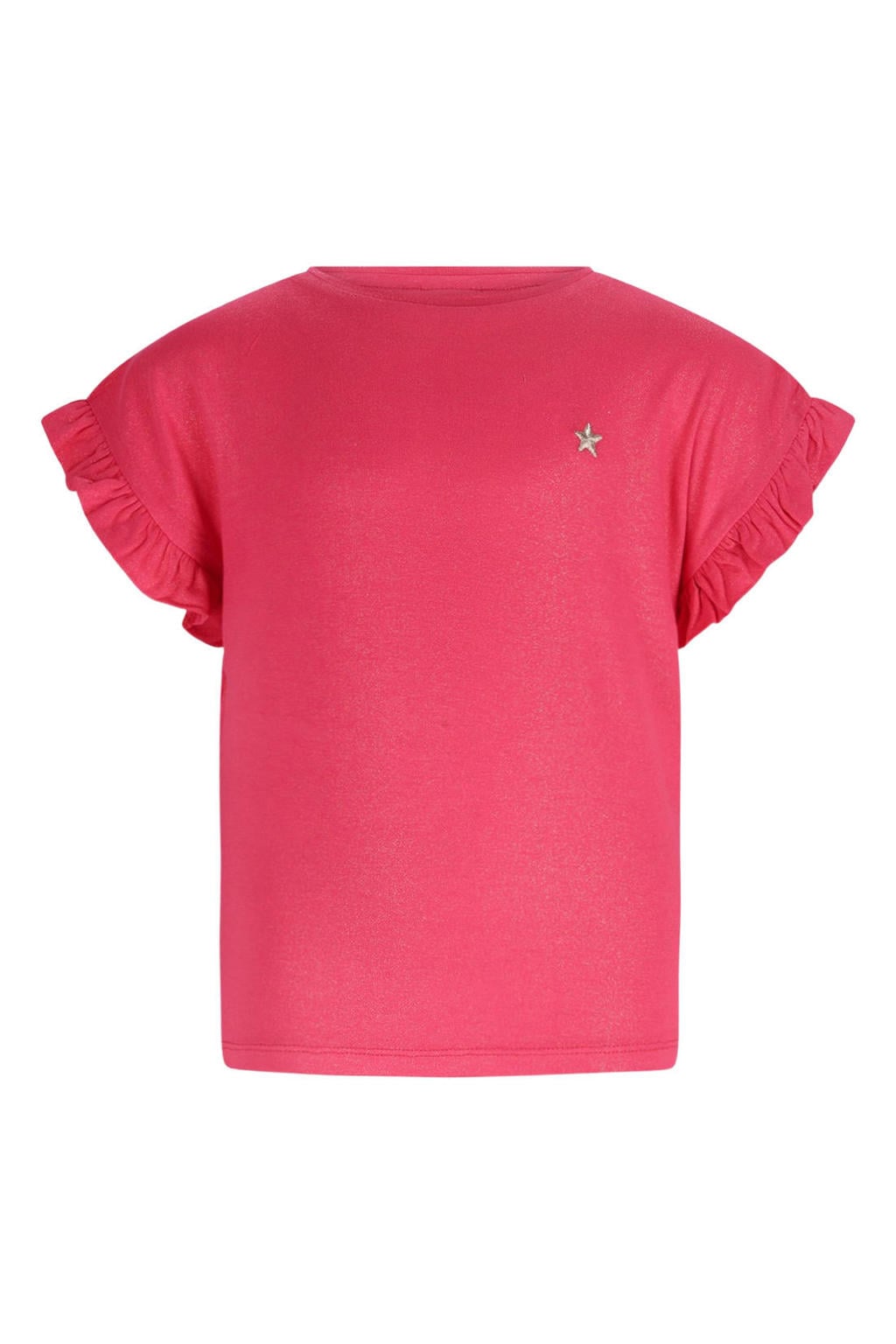 Roze meisjes Like Flo T-shirt van viscose met effen, korte mouwen, ronde hals en ruches