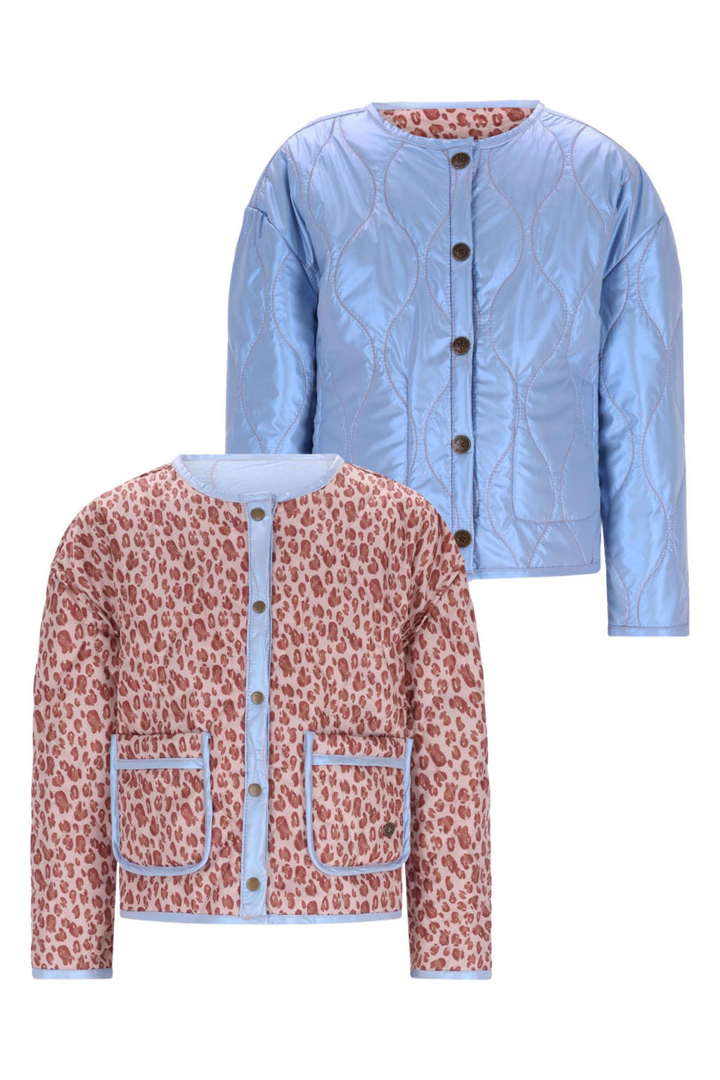 Lichtblauw en roze meisjes Like Flo reversible jas van polyester met dierenprint, lange mouwen, knoopsluiting en quilted