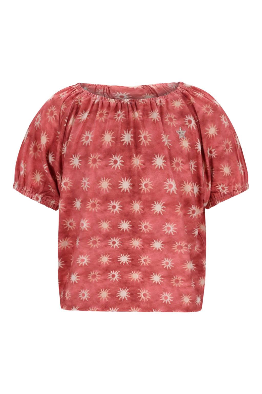 Roodbruin, rood en cremekleurige meisjes Like Flo blousetop bruin van viscose met korte mouwen, ronde hals en elastische boord