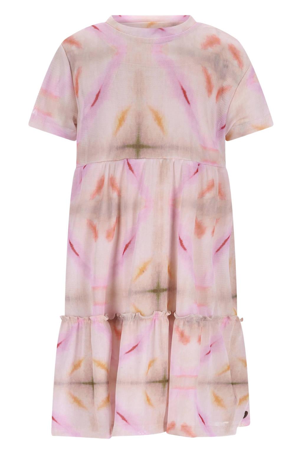 Ecru, geel en fuchsia meisjes Like Flo A-lijn jurk van polyester met meerkleurige print, korte mouwen en ronde hals