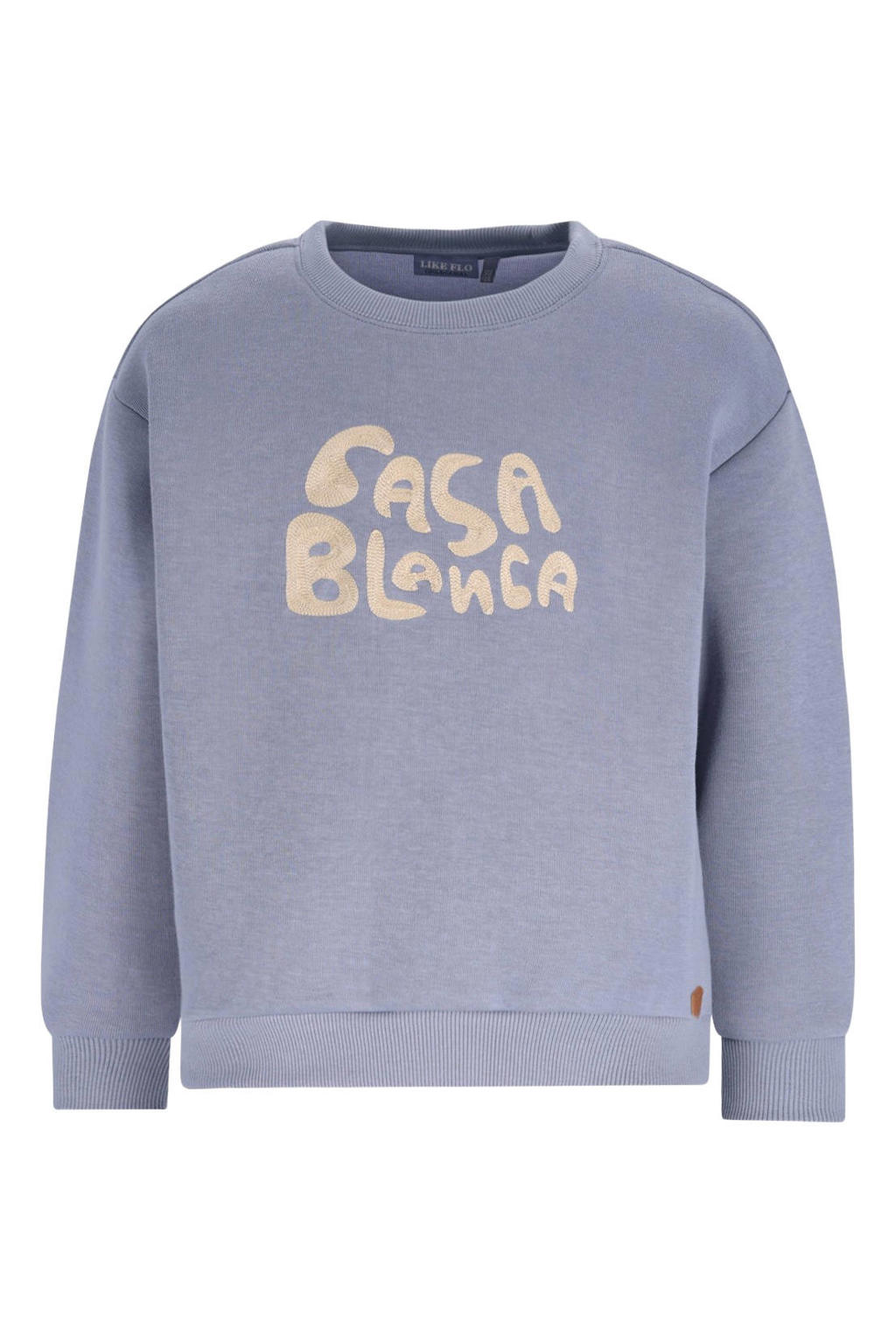 Lichtblauwe jongens Like Flo Boys sweater met tekst print, lange mouwen, ronde hals en geribde boorden