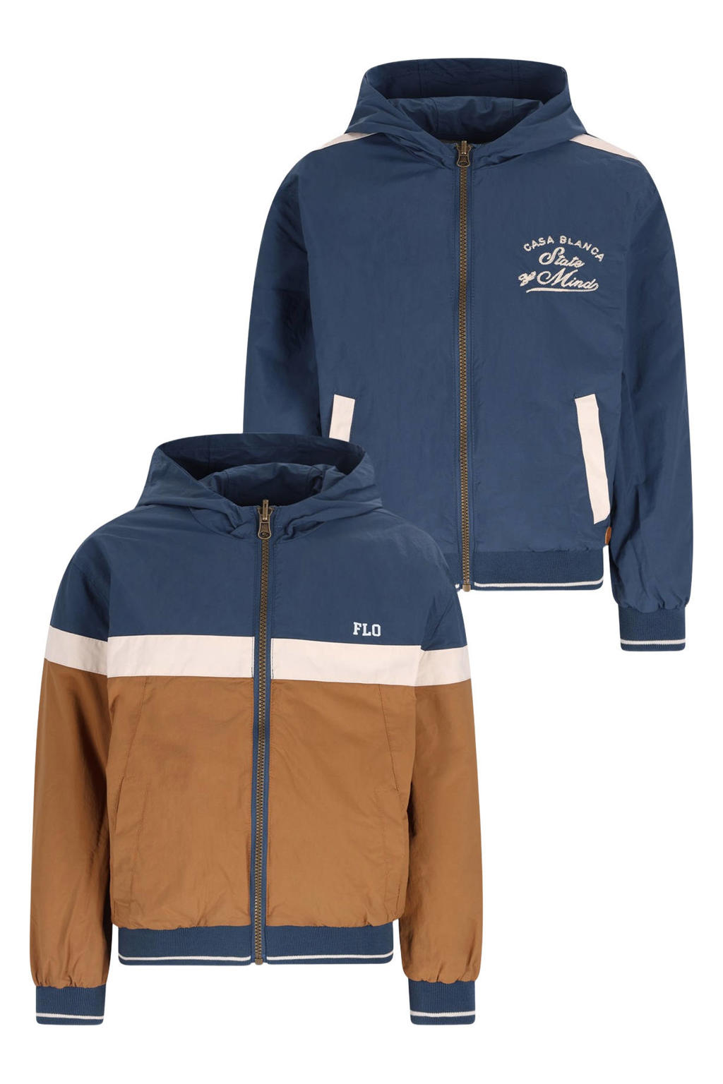 Donkerblauw en bruine jongens Like Flo Boys reversible jas van polyamide met meerkleurige print, lange mouwen, capuchon en ritssluiting