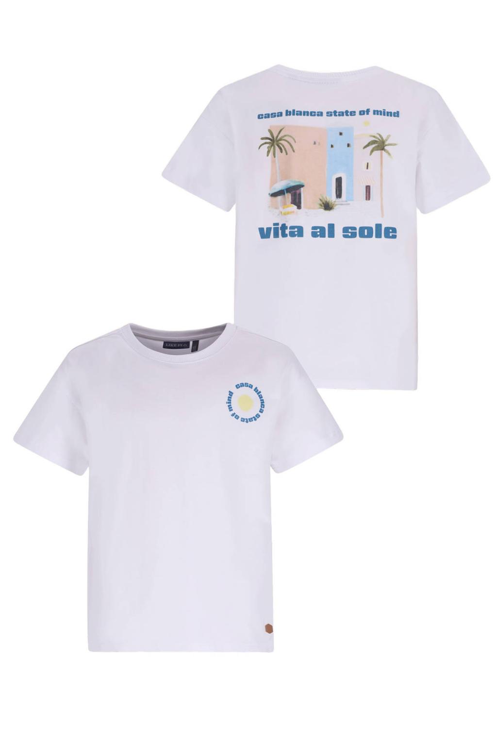 Witte jongens Like Flo Boys T-shirt van katoen met backprint, korte mouwen en ronde hals