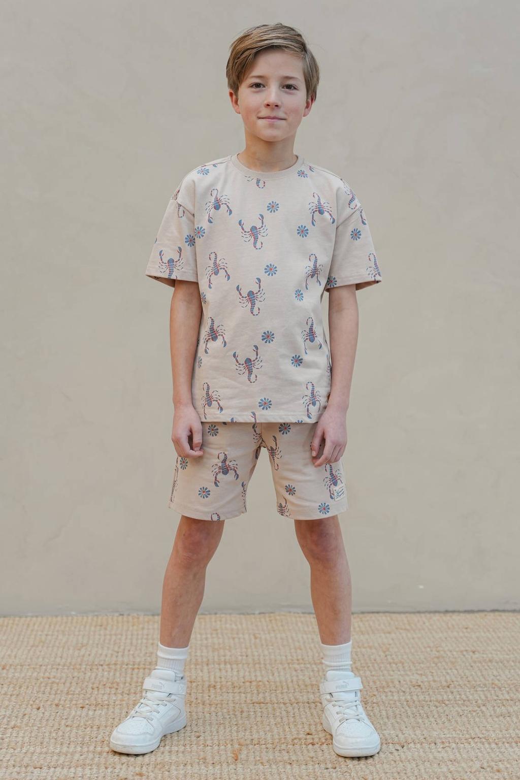 Creme, oranje en blauwe jongens Like Flo Boys T-shirt crème van katoen met korte mouwen en ronde hals