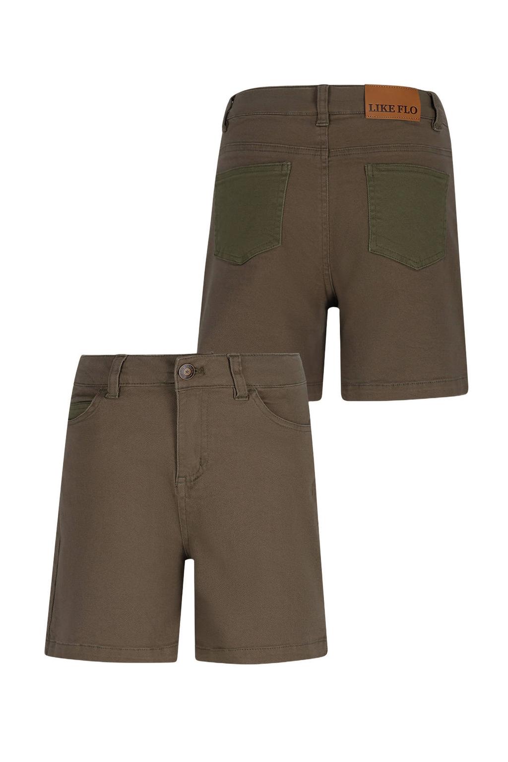 Groen en donkergroene jongens Like Flo Boys regular waist casual short van stretchkatoen met rits- en knoopsluiting en meerkleurige print