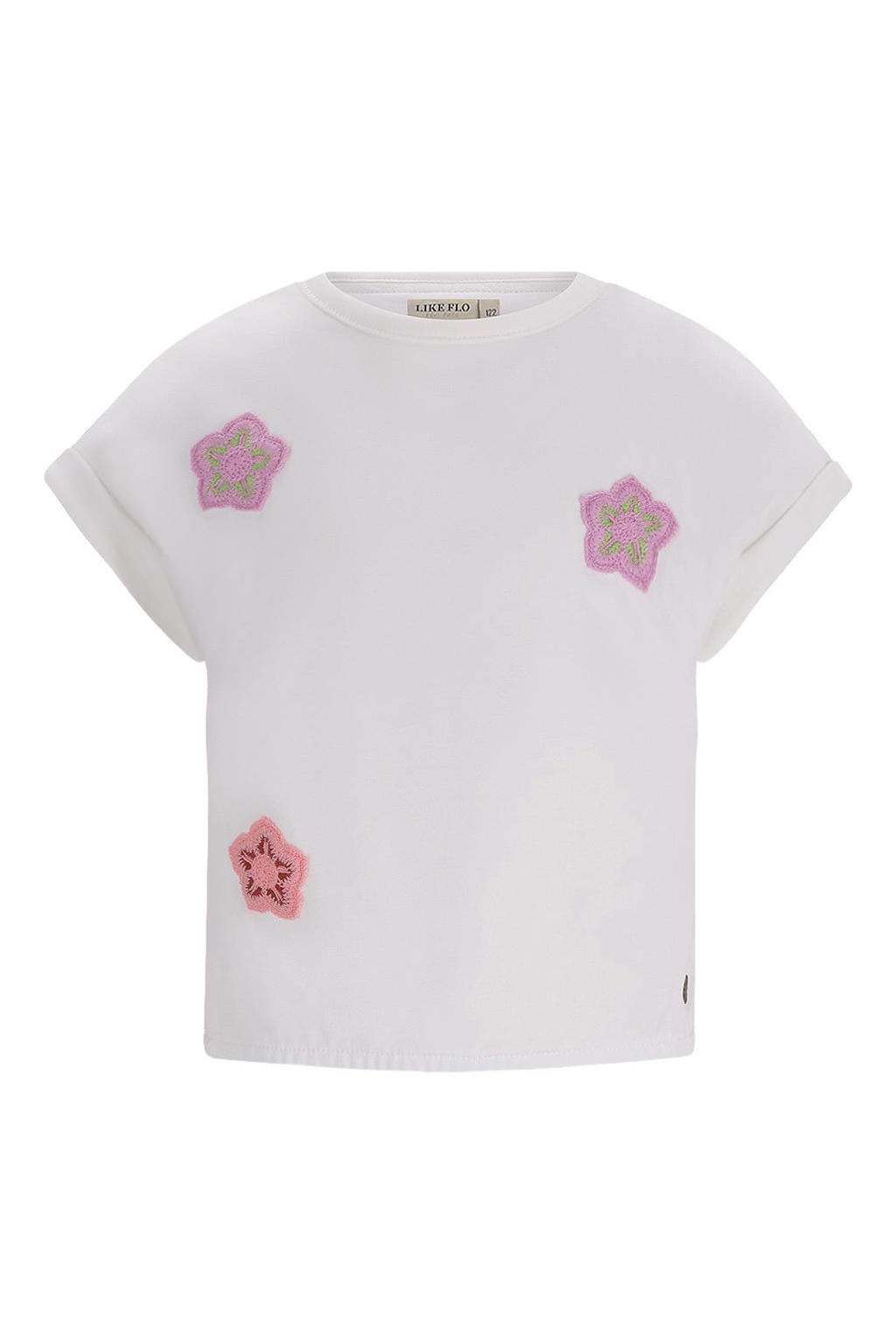 Witte meisjes Like Flo T-shirt van stretchkatoen met effen, korte mouwen, ronde hals en borduursels