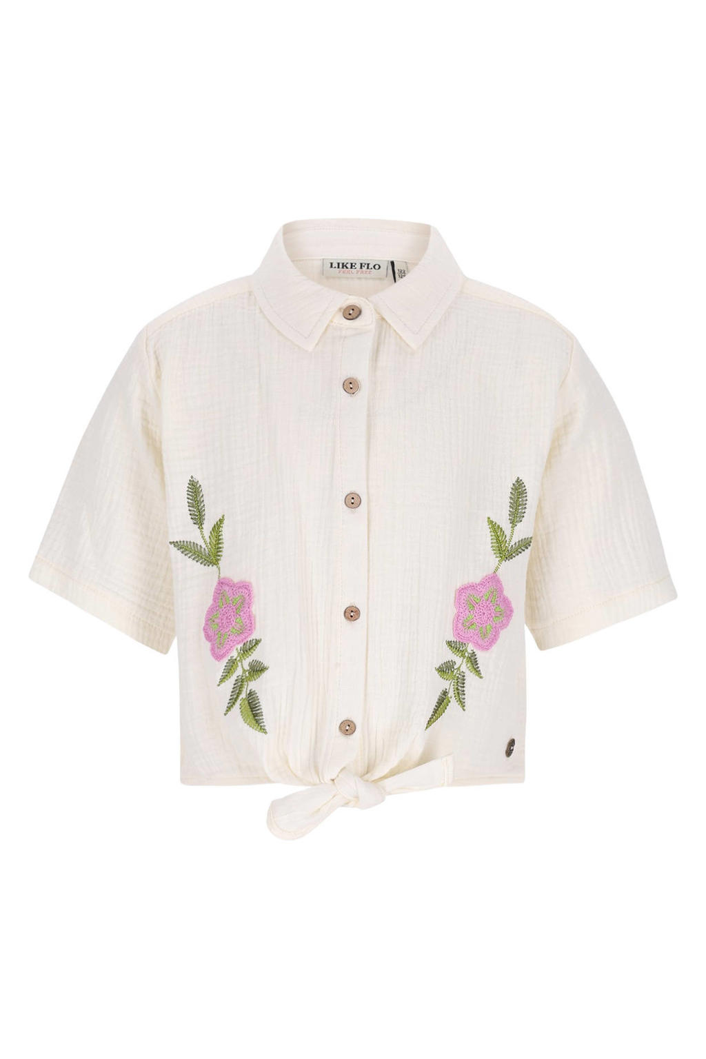 Witte meisjes Like Flo blouse van katoen met effen, korte mouwen, knoopsluiting en borduursels