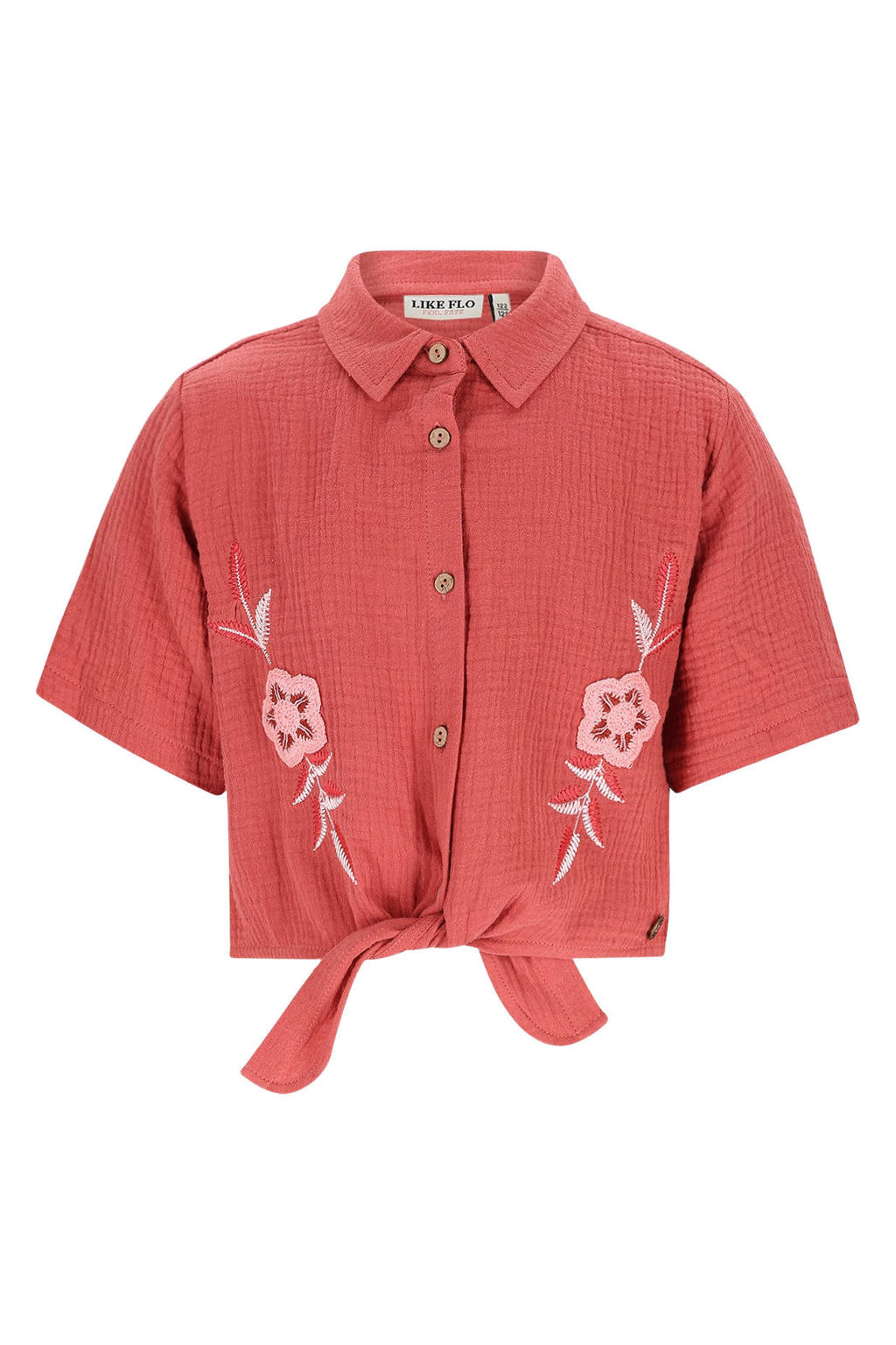 Koraalrode meisjes Like Flo blouse van katoen met effen, korte mouwen, knoopsluiting en borduursels