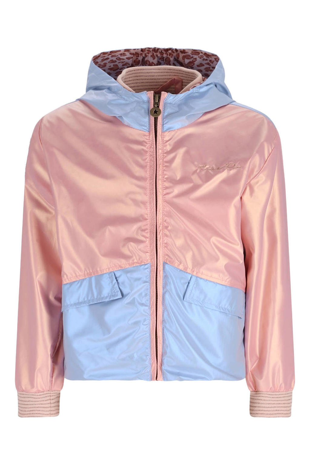 Lichtblauw en roze meisjes Like Flo zomerjas van polyester met effen, lange mouwen, capuchon, ritssluiting en geribde boorden
