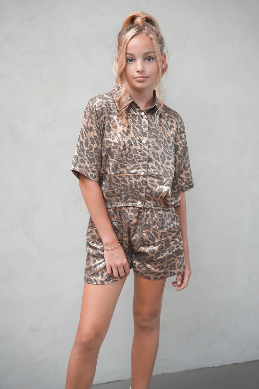 Bruin en gouden meisjes Like Flo Young blouse van polyester met dierenprint, korte mouwen en knoopsluiting