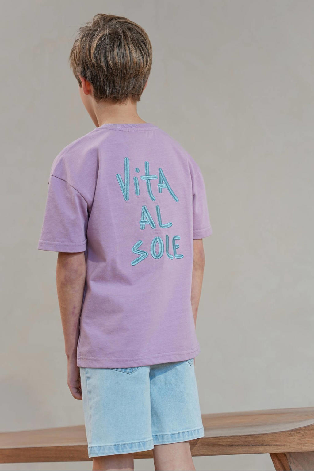 Lilakleurige jongens Like Flo Boys T-shirt van katoen met backprint, korte mouwen en ronde hals