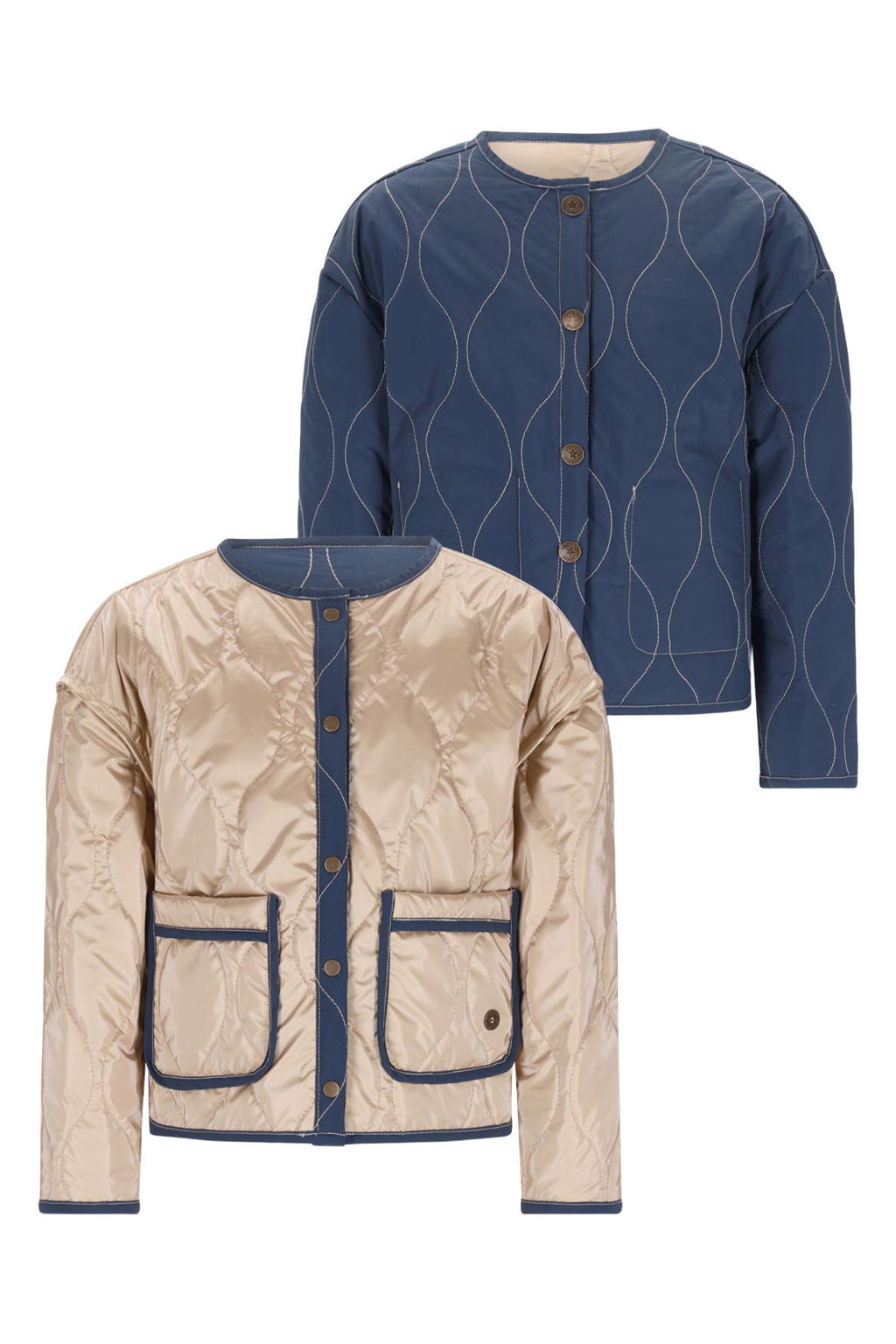 Donkerblauw en gouden meisjes Like Flo reversible jas van polyester met effen, lange mouwen, knoopsluiting en quilted
