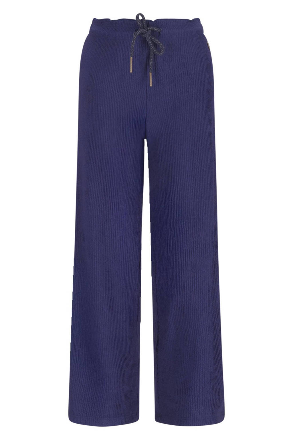 Donkerblauwe meisjes Like Flo straight casual broek van polyester met regular waist, elastische tailleband met koord en effen