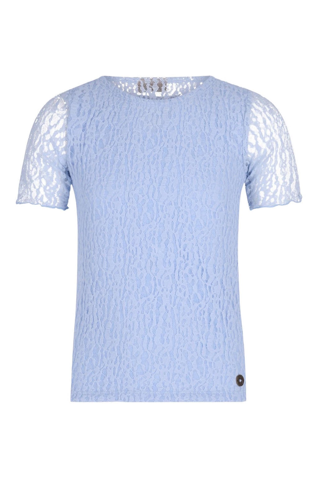 Lichtblauwe meisjes Like Flo Young blousetop van polyester met effen, korte mouwen, ronde hals en kant